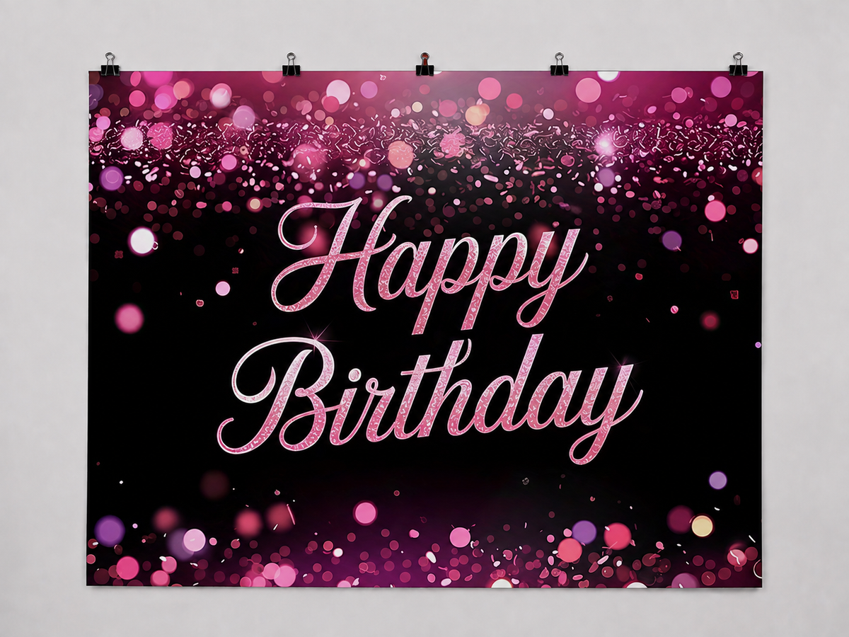 Pink and Purple Birthday printed polyester backdrop, shown at244 x183cm with straight-cut unhemmed edges and wall clips. Flat printed scenery; accessories not included.