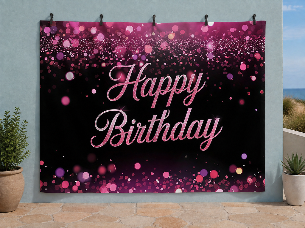 Pink and Purple Birthday printed polyester backdrop, shown at244 x183cm with straight-cut unhemmed edges and wall clips. Flat printed scenery; accessories not included.