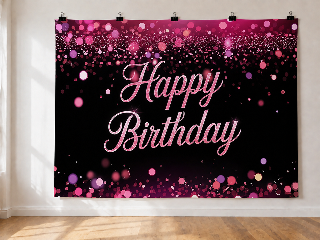 Pink and Purple Birthday printed polyester backdrop, shown at244 x183cm with straight-cut unhemmed edges and wall clips. Flat printed scenery; accessories not included.