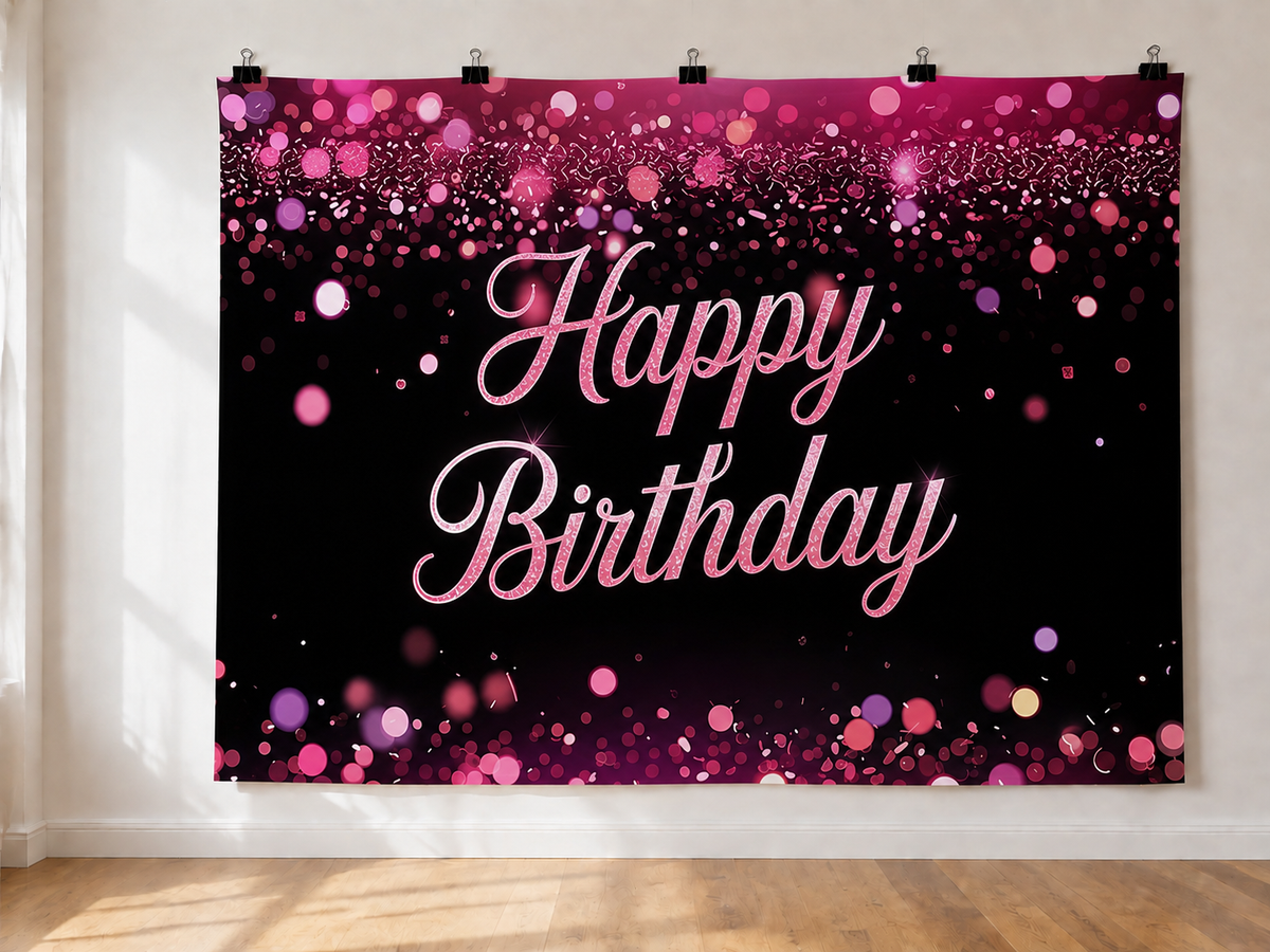 Pink and Purple Birthday printed polyester backdrop, shown at244 x183cm with straight-cut unhemmed edges and wall clips. Flat printed scenery; accessories not included.
