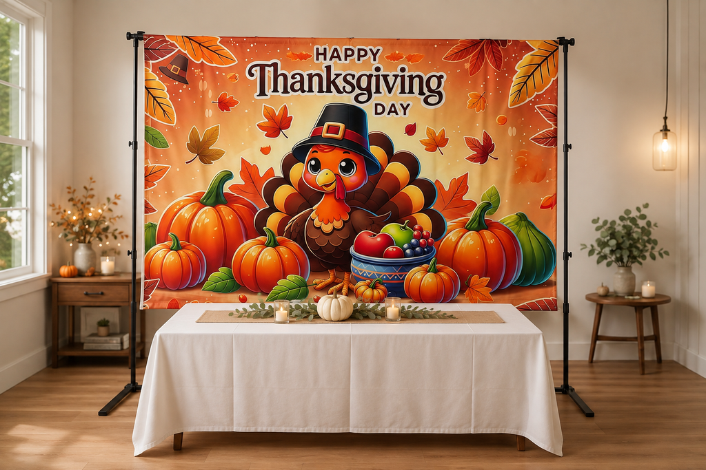 Cute Turkey Thanksgiving Backdrop in event studio