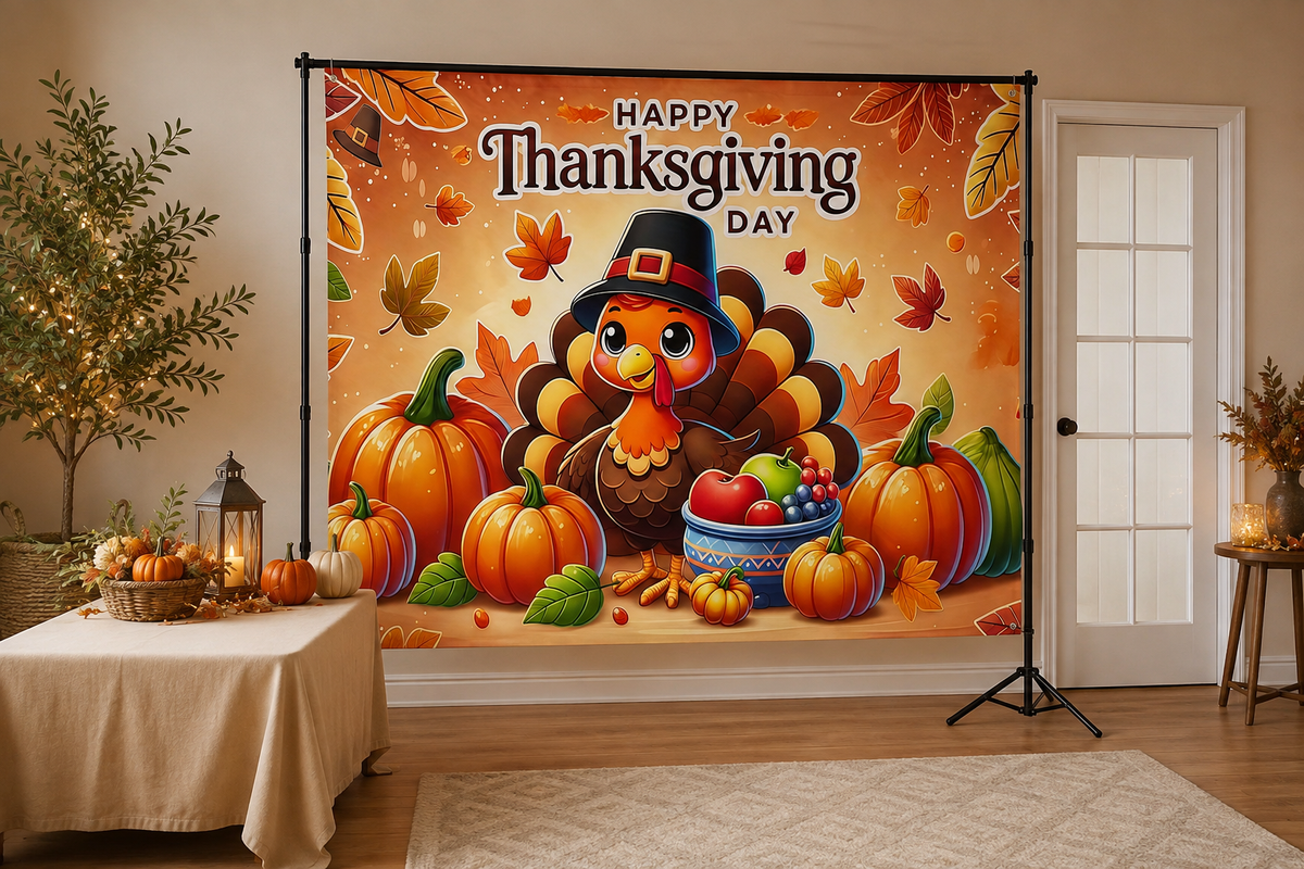 Cute Turkey Thanksgiving Backdrop in alternate room setting