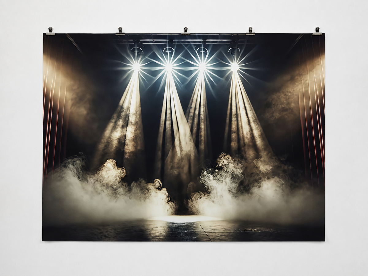 Monochrome Theater Spotlights Printed Backdrop — complete flat printed design; accessories not included