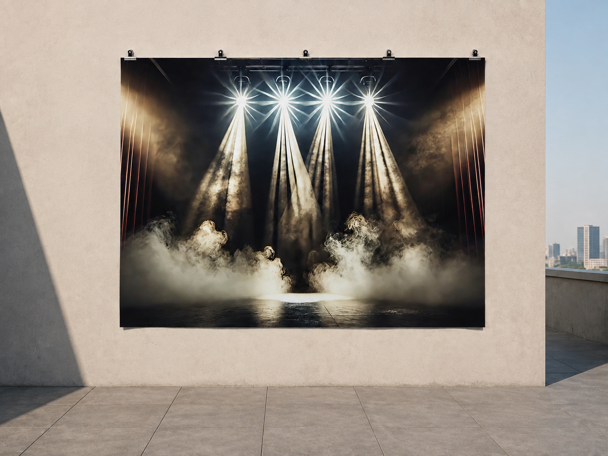 Monochrome Theater Spotlights Printed Backdrop — temporary dry outdoor wall-clip display; accessories not included