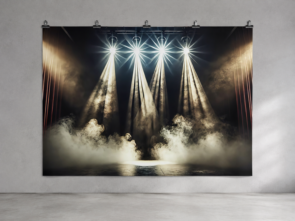 Monochrome Theater Spotlights Printed Backdrop — indoor wall-clip display; accessories not included