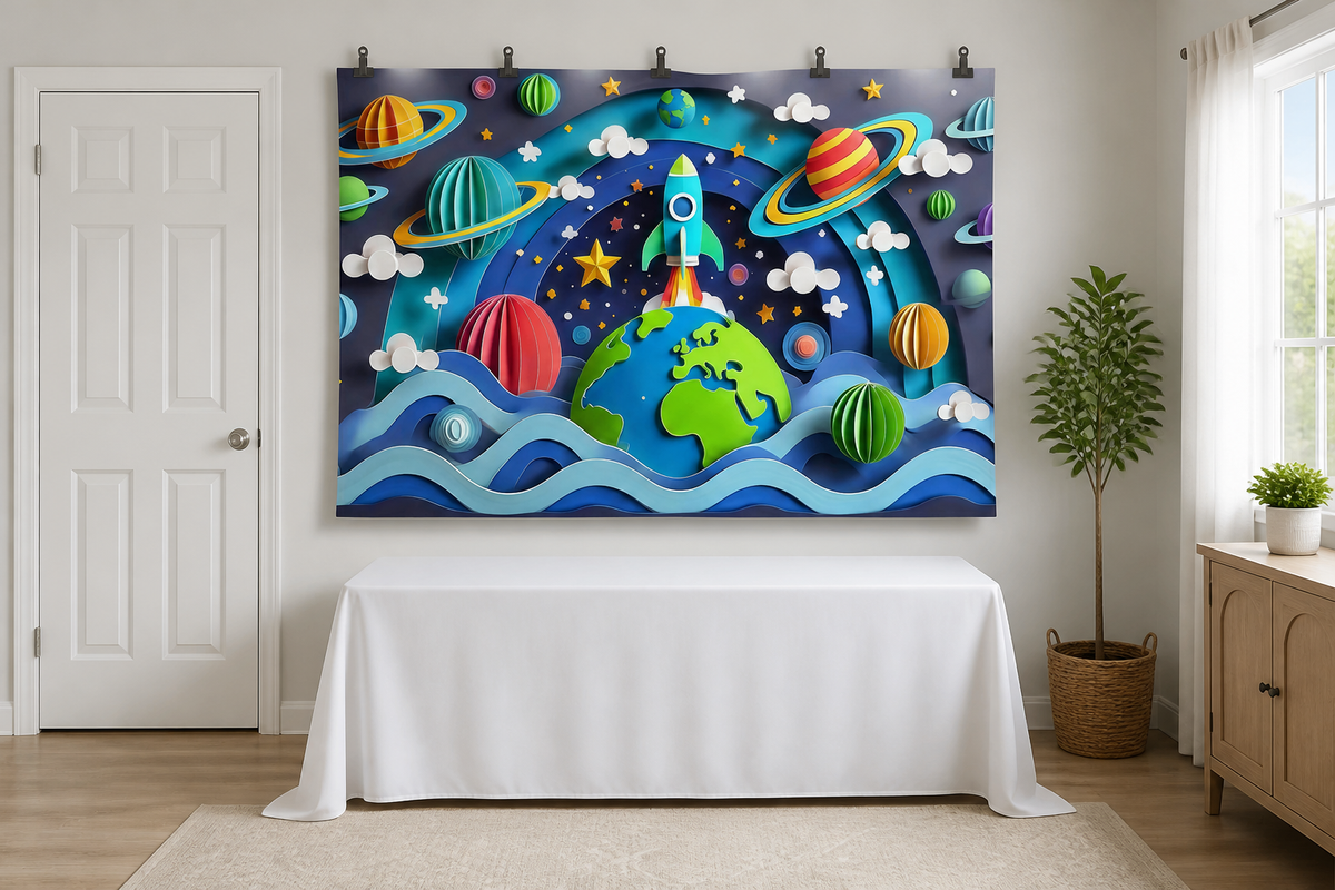Paper Cut Rocket and Planets Backdrop clipped directly to wall
