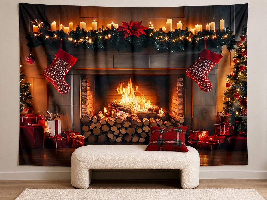 Candlelit Christmas fireplace backdrop family portrait scene