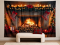 Candlelit Christmas fireplace backdrop family portrait scene