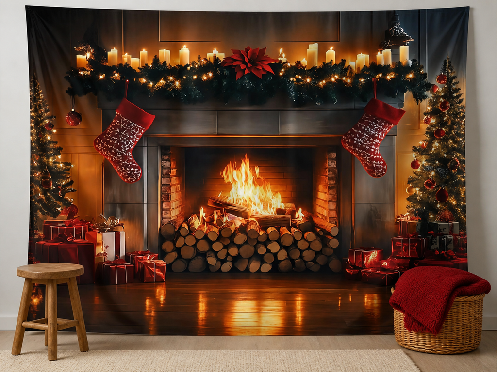 Candlelit Christmas fireplace backdrop holiday mini session