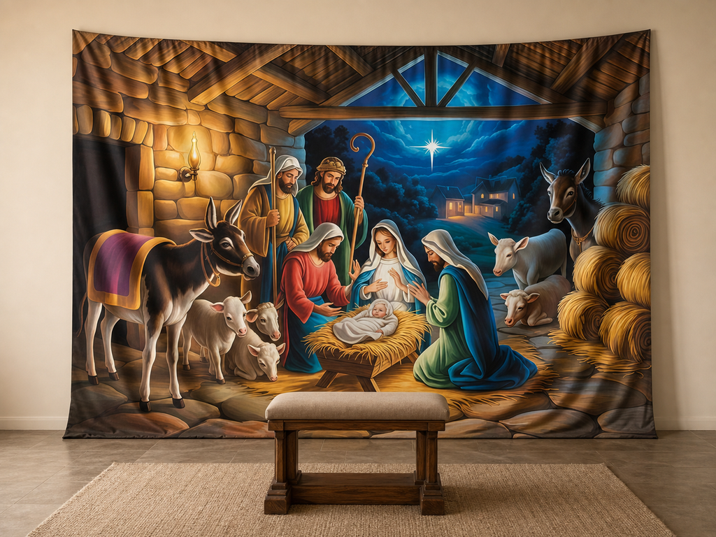 Nativity stable fabric backdrop in church portrait setting