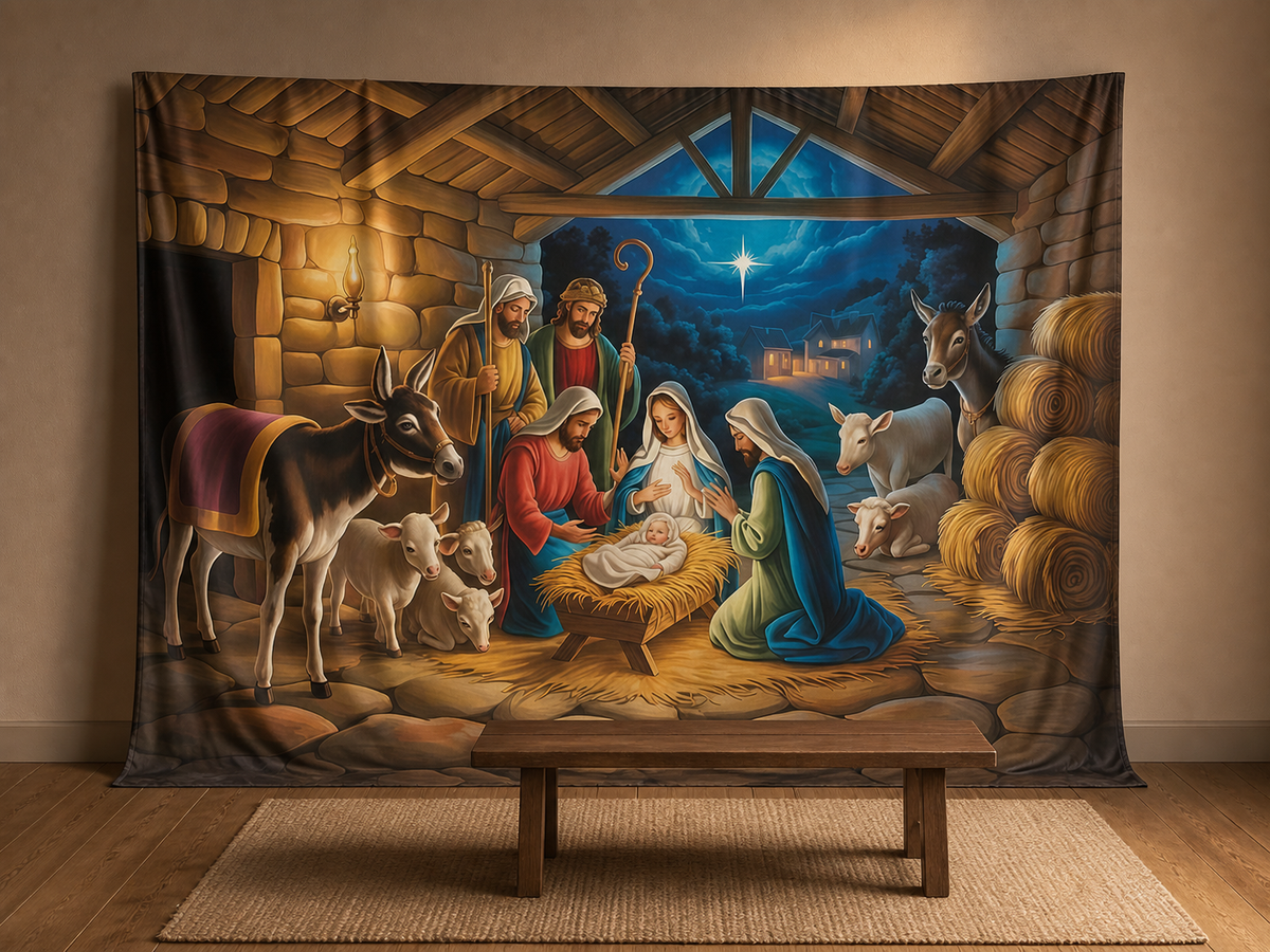 Starry night Nativity backdrop for church holiday portraits