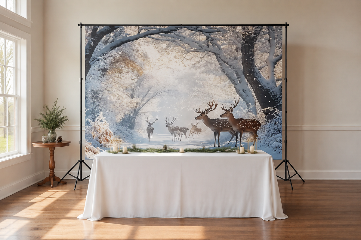Winter Wonderland Elk Forest Backdrop in event studio