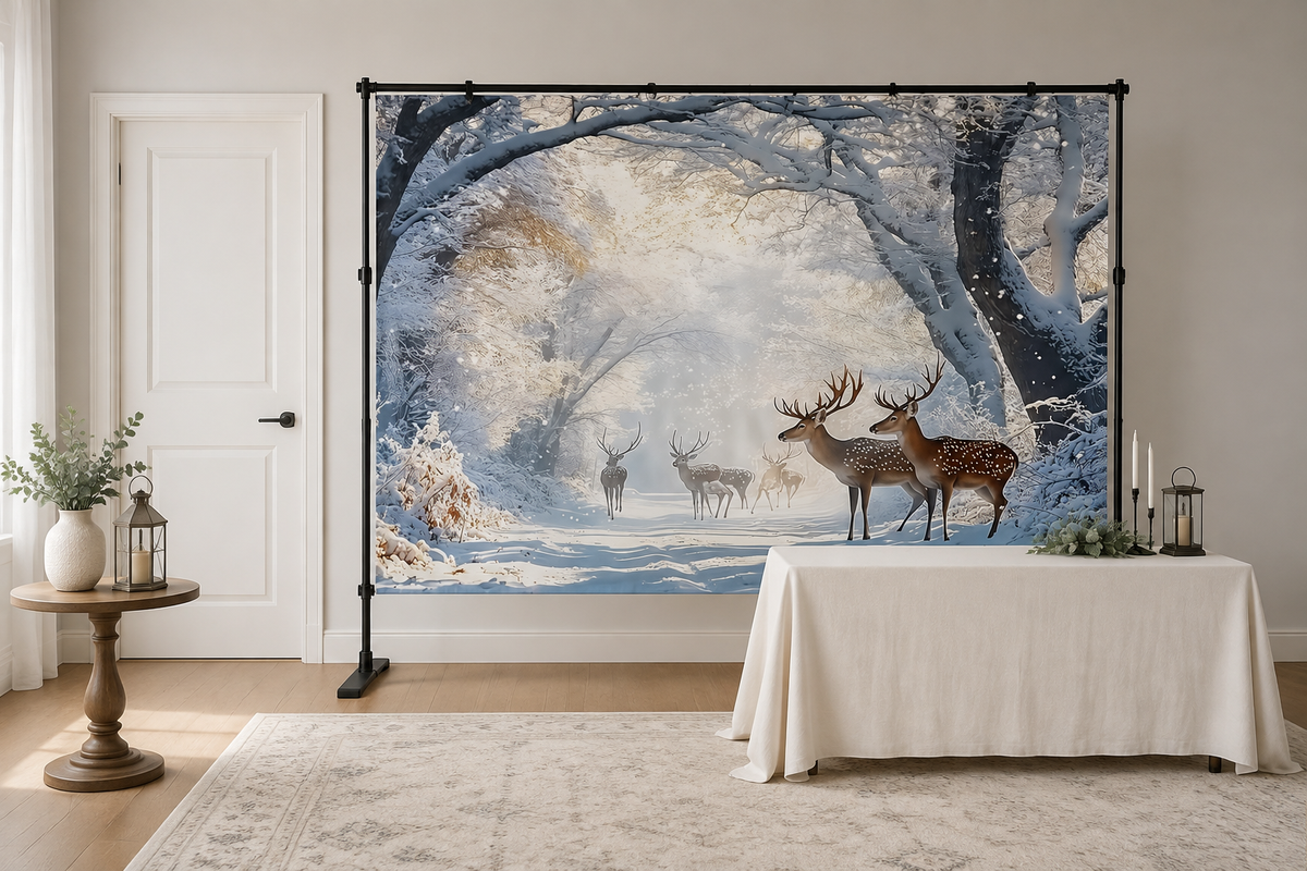 Winter Wonderland Elk Forest Backdrop in alternate room setting