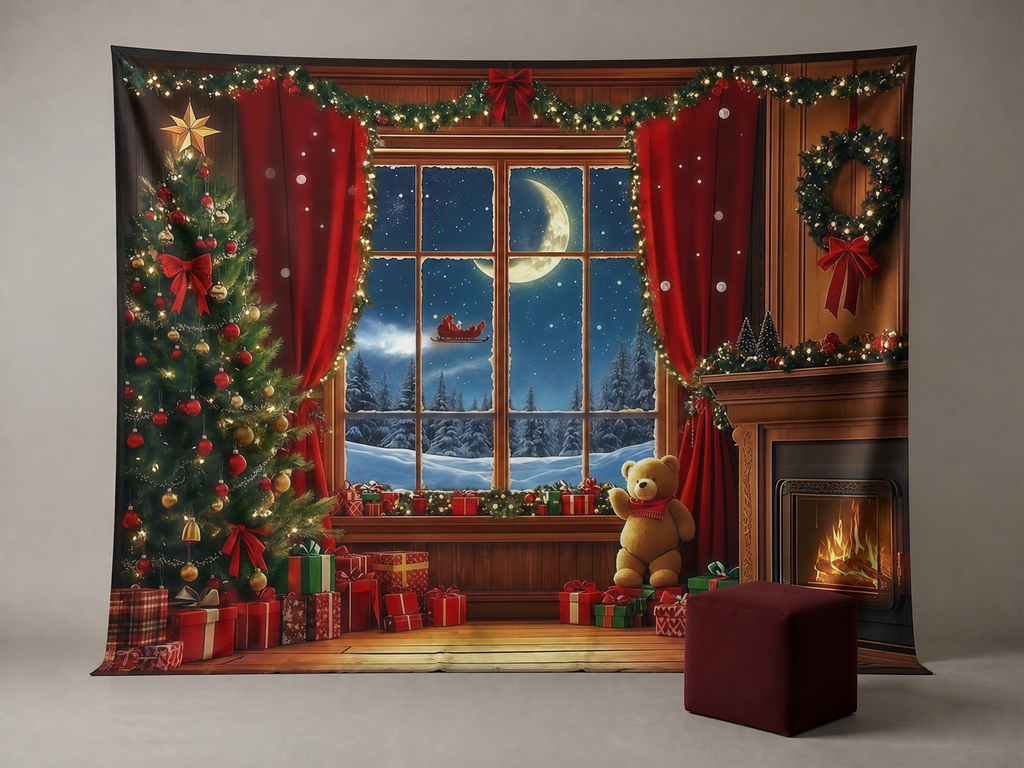 Christmas window tree fireplace photography backdrop scene 2