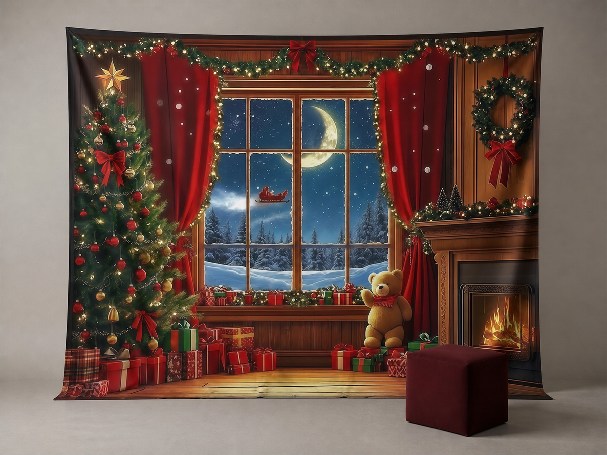 Christmas window tree fireplace photography backdrop scene 2
