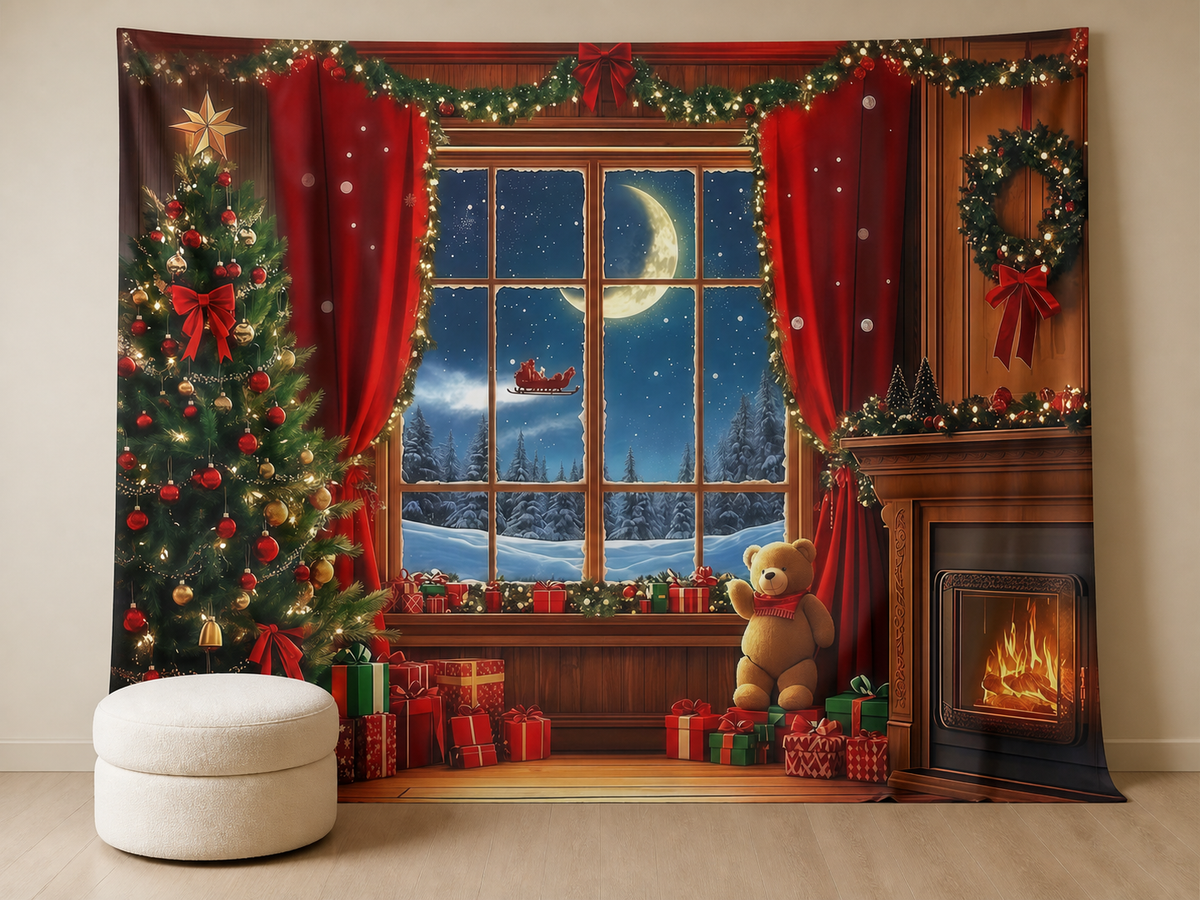 Christmas window tree fireplace photography backdrop scene 3