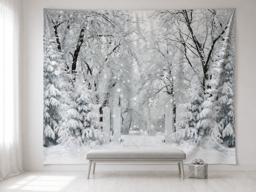 White winter forest gate backdrop Christmas card scene