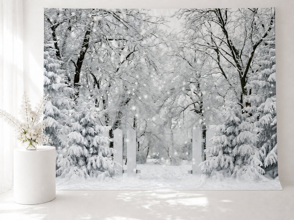 White winter forest gate backdrop wedding portrait scene