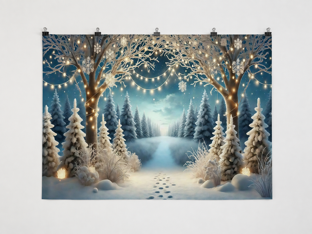 Snowy Forest Arch and Fairy Lights Printed Backdrop — complete flat printed design; accessories not included
