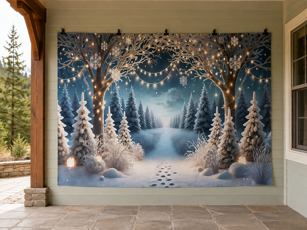 Snowy Forest Arch and Fairy Lights Printed Backdrop — temporary dry outdoor wall-clip display; accessories not included