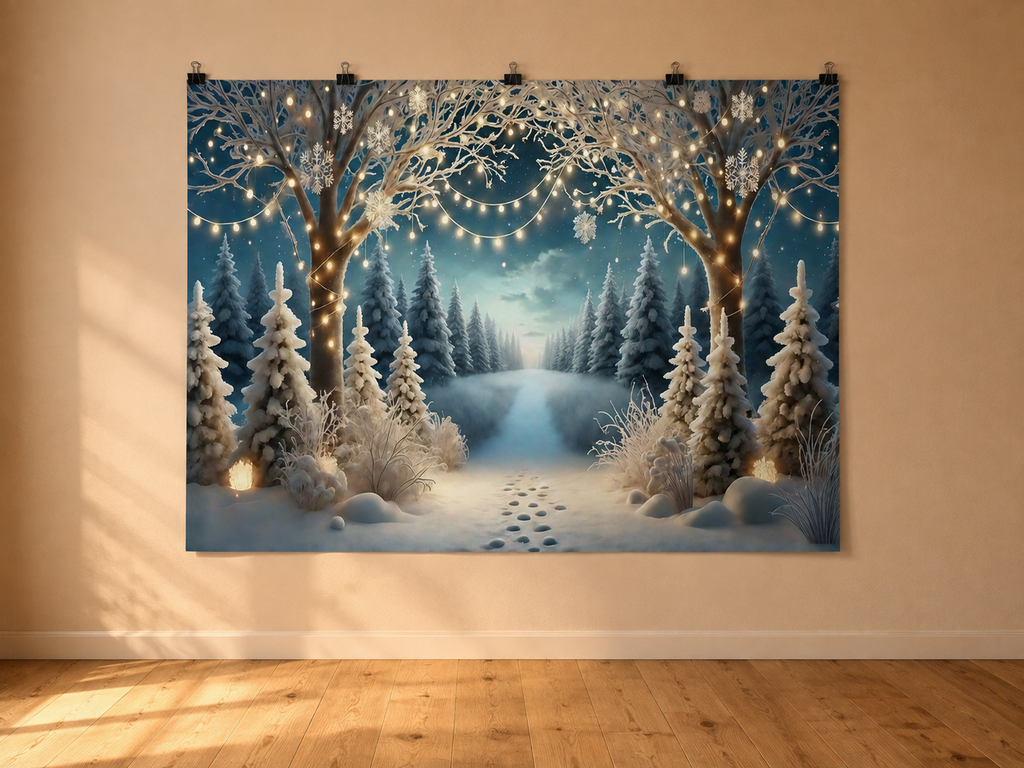 Snowy Forest Arch and Fairy Lights Printed Backdrop — indoor wall-clip display; accessories not included