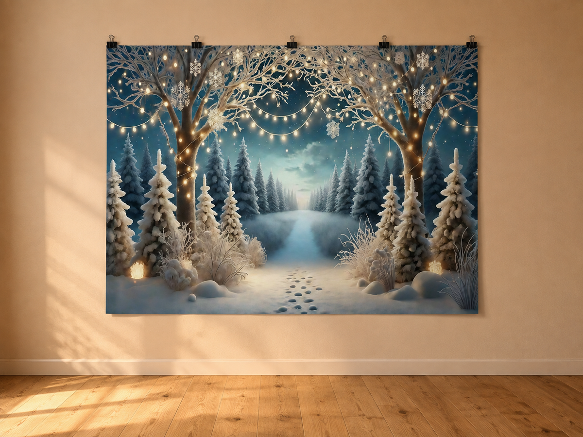 Snowy Forest Arch and Fairy Lights Printed Backdrop — indoor wall-clip display; accessories not included
