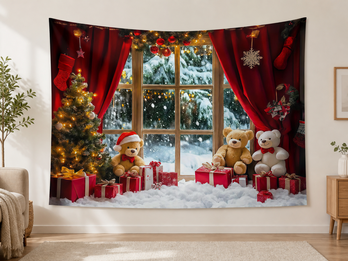 Red Curtain Teddy Bear Christmas Backdrop application scene 1
