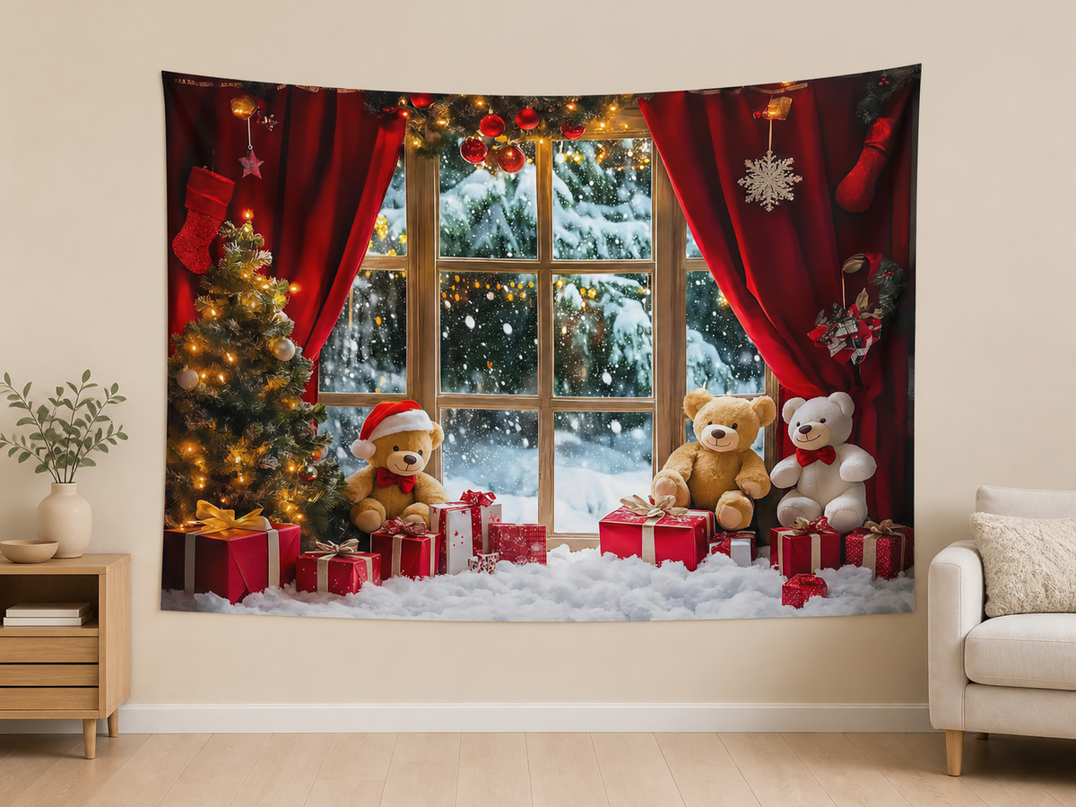 Red Curtain Teddy Bear Christmas Backdrop application scene 2
