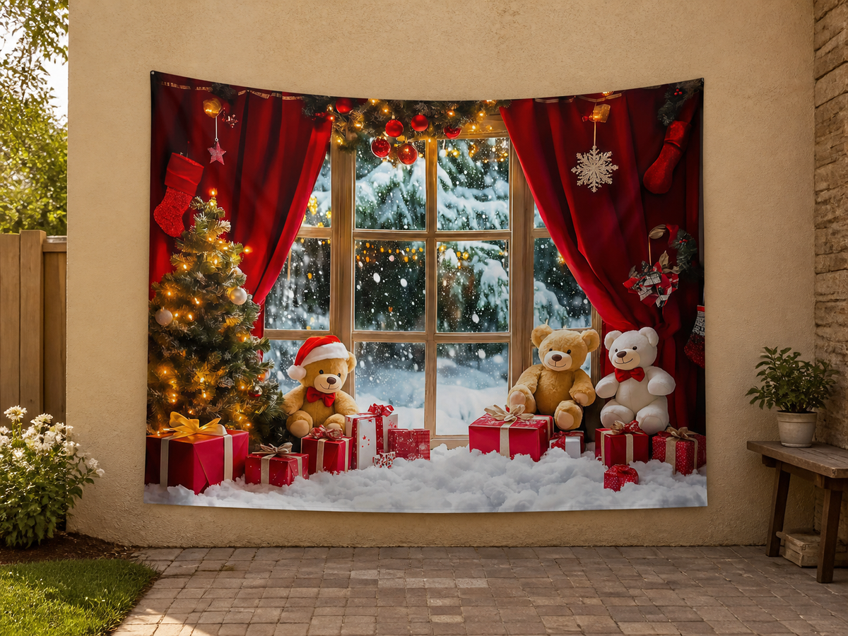 Red Curtain Teddy Bear Christmas Backdrop application scene 3