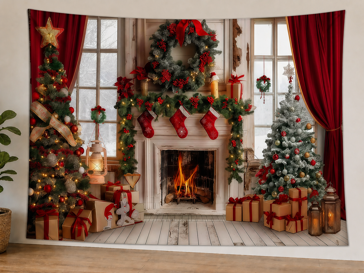 Christmas Fireplace Tree Backdrop styled scene 1