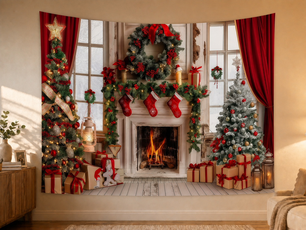 Christmas Fireplace Tree Backdrop styled scene 2