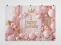 Pink and Gold Crown First Birthday Backdrop — complete flat printed design; accessories not included