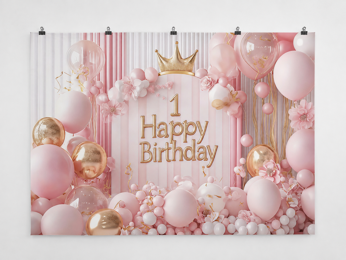 Pink and Gold Crown First Birthday Backdrop — complete flat printed design; accessories not included