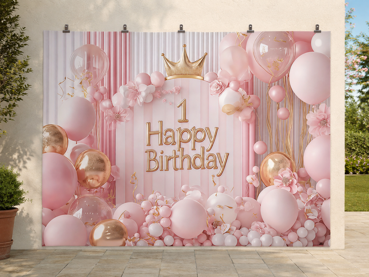 Pink and Gold Crown First Birthday Backdrop — temporary dry outdoor wall-clip display; accessories not included