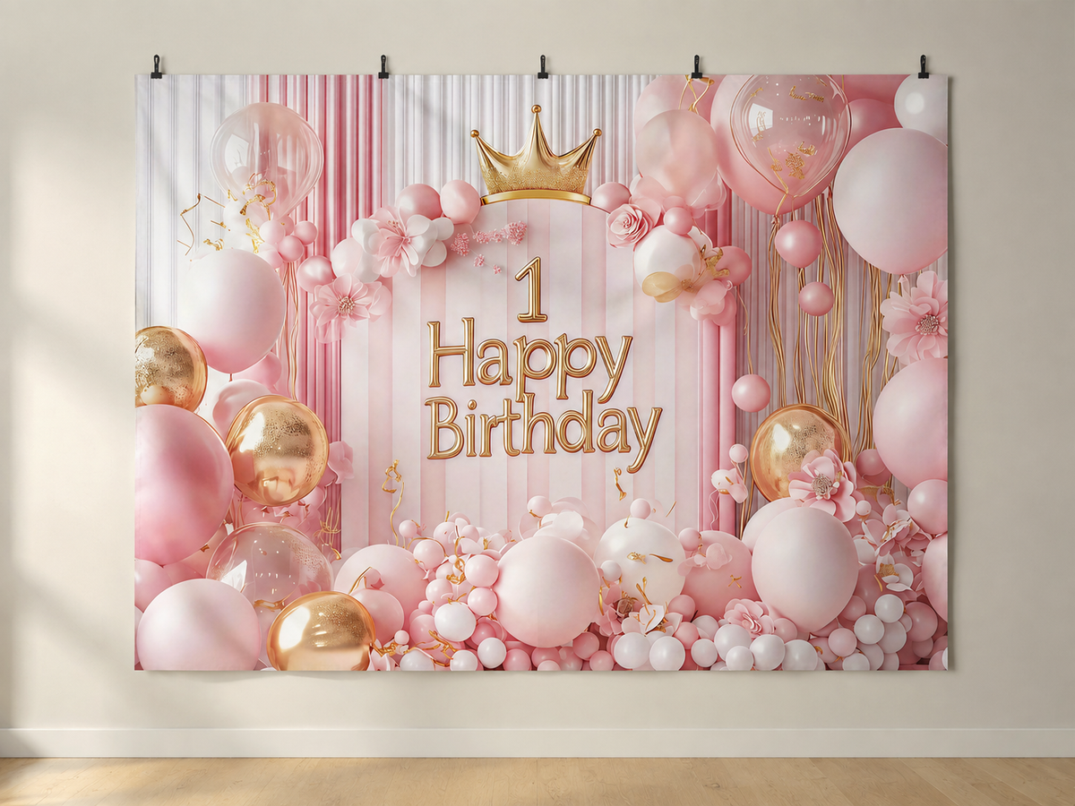 Pink and Gold Crown First Birthday Backdrop — indoor wall-clip display; accessories not included