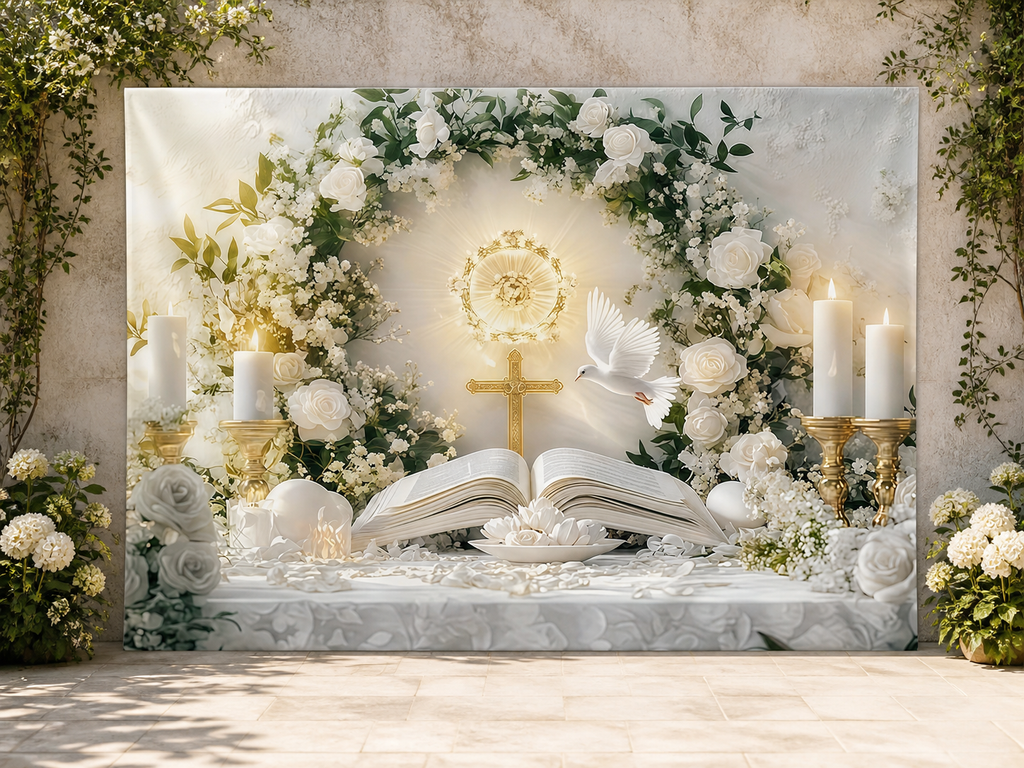 White Floral First Communion Backdrop application scene 3