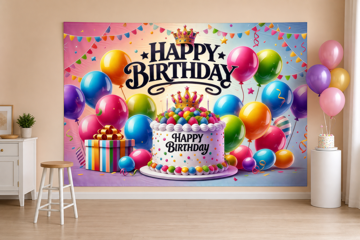 Colorful Birthday Cake and Balloons Backdrop in a birthday room
