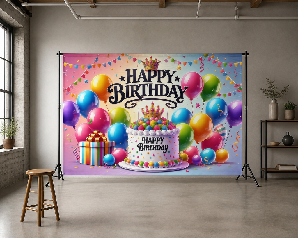 Colorful Birthday Cake and Balloons Backdrop in a loft studio