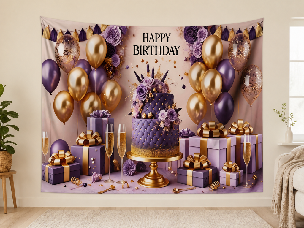 Purple Gold Happy Birthday Backdrop indoor application scene