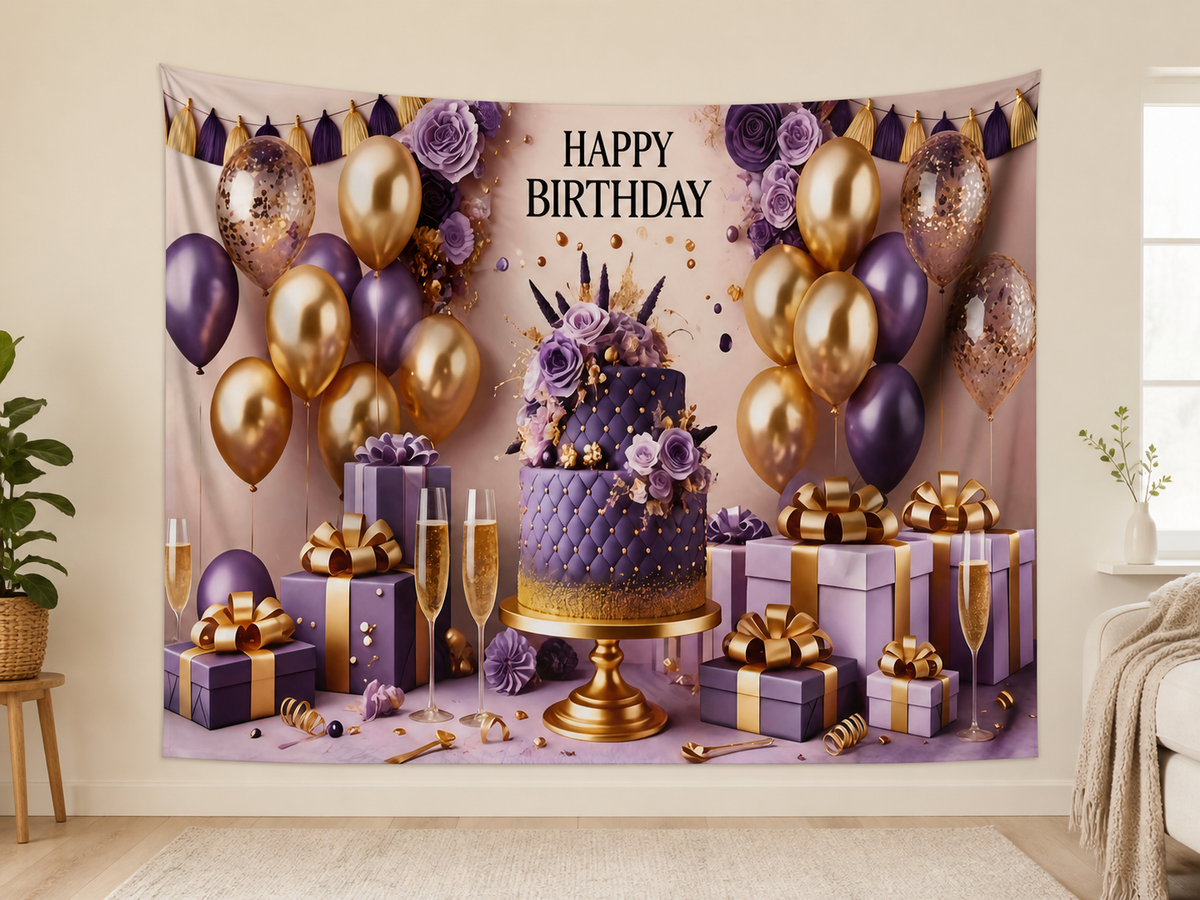 Purple Gold Happy Birthday Backdrop indoor application scene