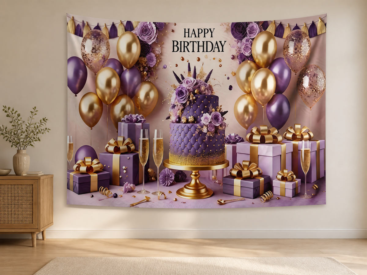 Purple Gold Happy Birthday Backdrop indoor application scene