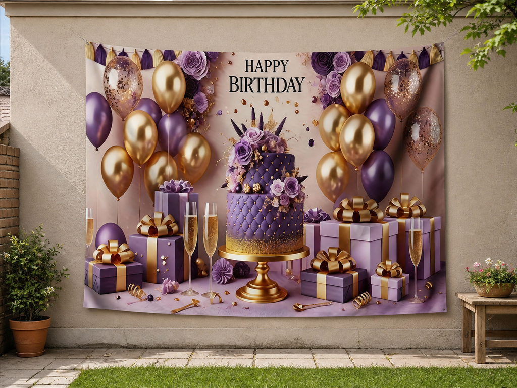 Purple Gold Happy Birthday Backdrop garden application scene