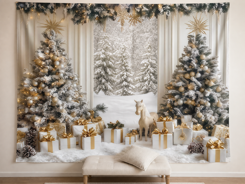 Snowy white and gold Christmas backdrop family card scene