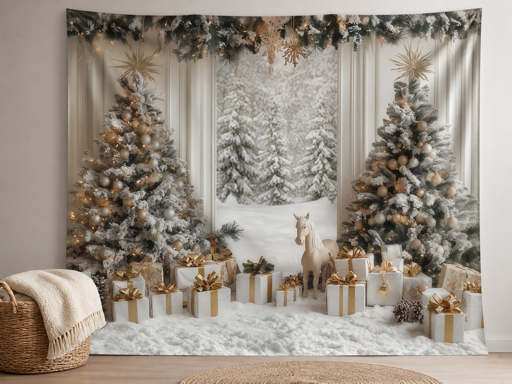 Snowy white and gold Christmas backdrop winter mini session