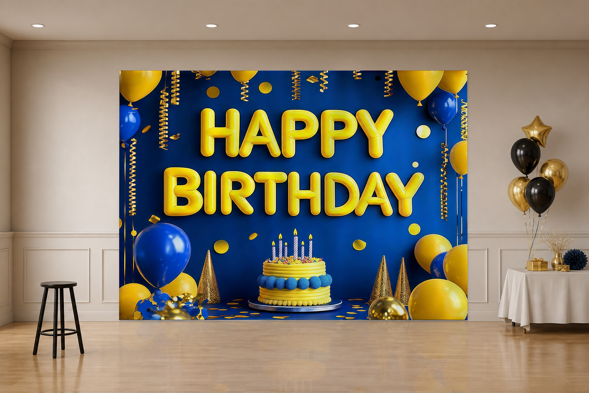 Blue Gold Birthday Balloons Backdrop scene 1