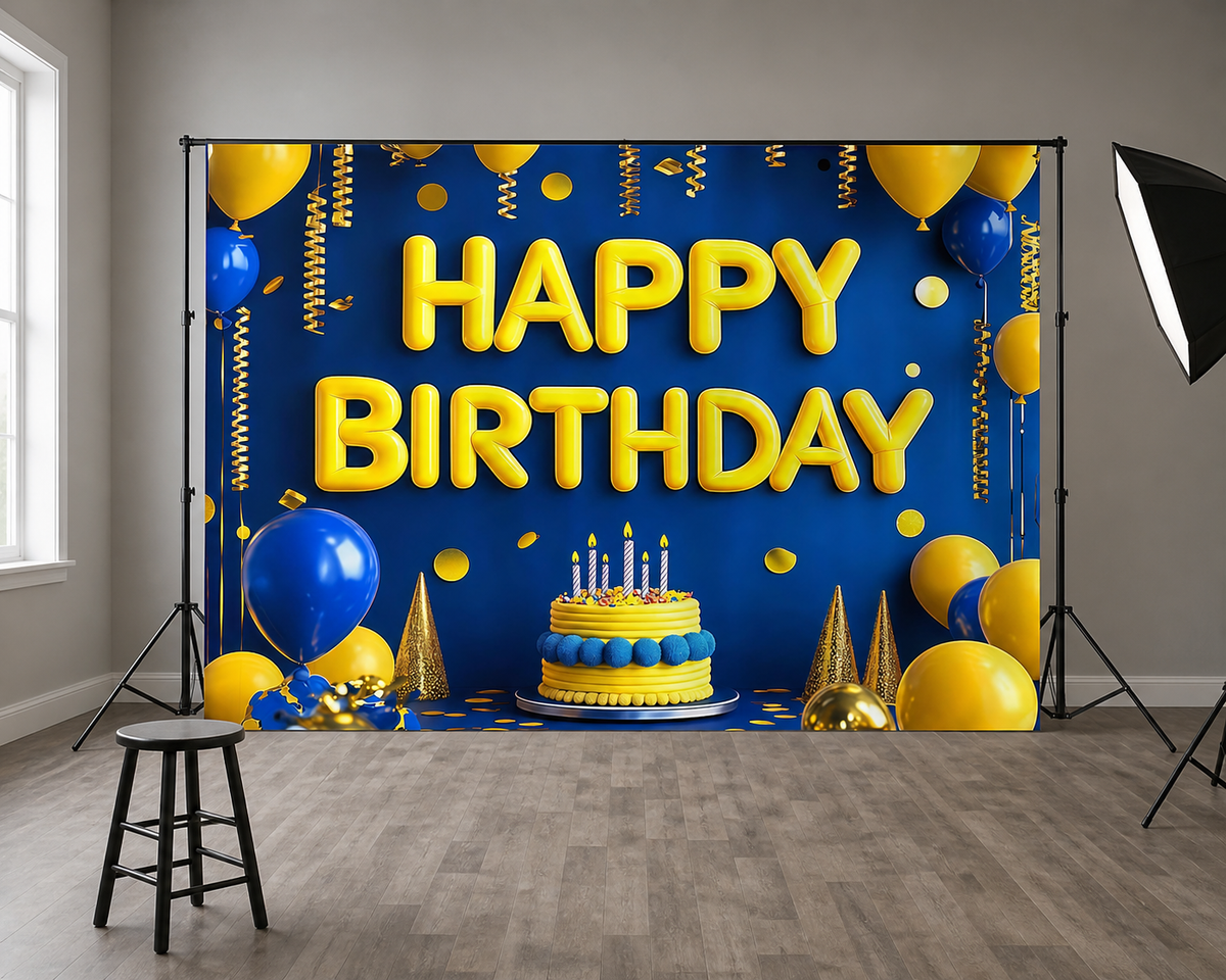Blue Gold Birthday Balloons Backdrop scene 2