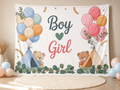 Boy or Girl gender reveal fabric backdrop in baby shower studio