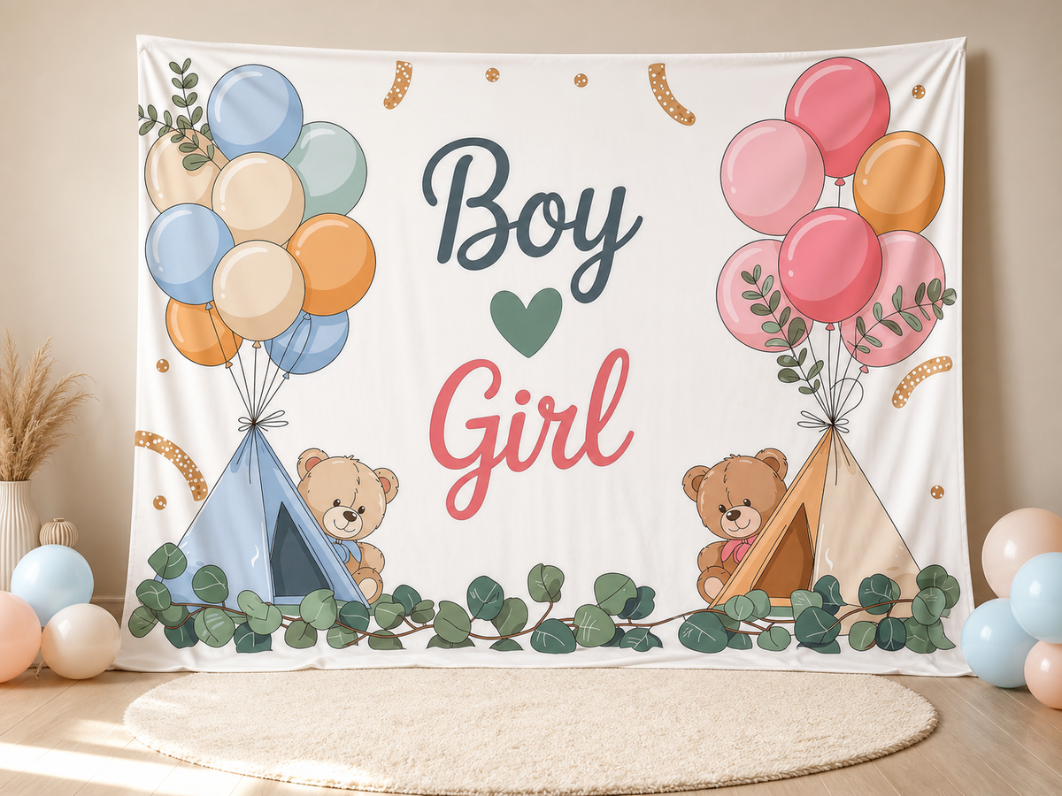 Boy or Girl gender reveal fabric backdrop in baby shower studio