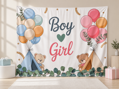 Boy and Girl baby reveal photography backdrop with gifts
