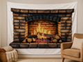 Rustic brick fireplace printed backdrop cozy living room scene